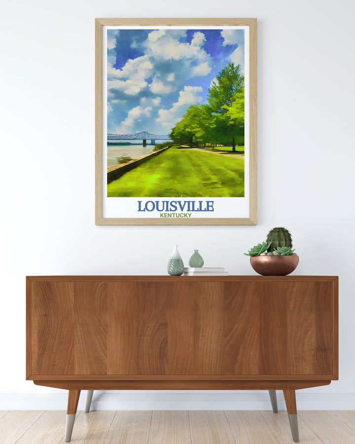 A detailed Louisville skyline print highlighting Waterfront Park, with its beautiful greenery and riverfront views. This Kentucky art print combines modern and classic elements, making it an ideal gift for Louisville lovers or anyone who appreciates cityscapes.