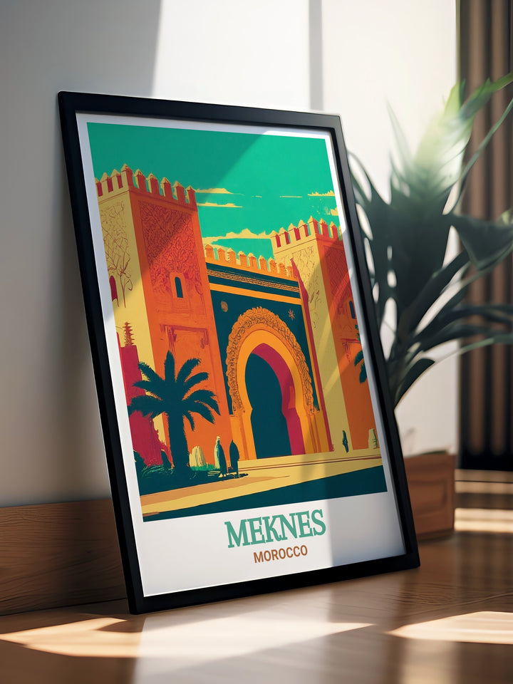 Enhance your living space with this stunning Meknes poster featuring the iconic Bab Mansour gate in vibrant colors and detailed design this Morocco travel art is perfect for those who appreciate the beauty of Moroccan architecture and cultural heritage