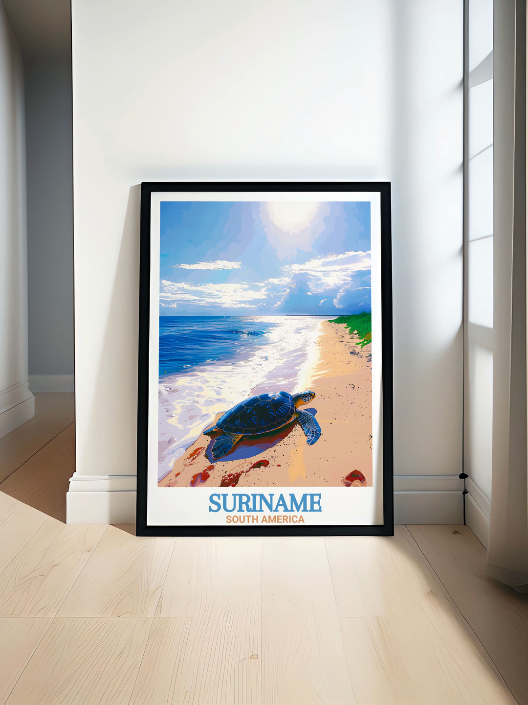 Paramaribo Poster showcasing the vibrant cityscape of Suriname with intricate details and vivid colors. Perfect for travel enthusiasts and art lovers. Features Galibi Nature Reserve for a touch of natural beauty and elegance.