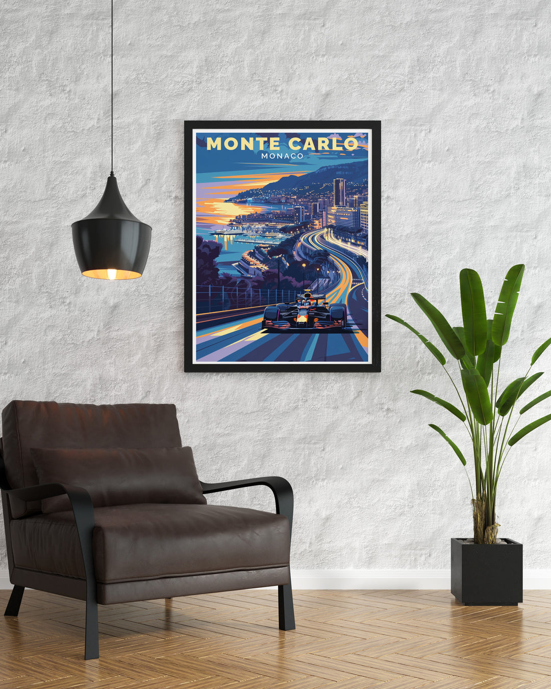 Grand Prix Travel Print captures the excitement of Formula 1 racing in the heart of Monte Carlo, showcasing the beauty of Monacos cityscape alongside its famous race circuit. This wall art is perfect for motorsport fans and lovers of luxury.