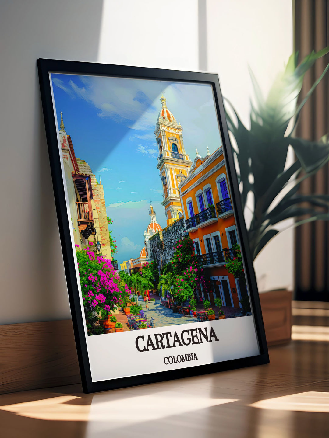 This travel poster beautifully depicts the cultural richness of Cartagenas walled city, with its colorful street scenes and lively local life, making it an ideal piece for urban enthusiasts and collectors. Bring the spirit of Cartagena into your home with this exquisite print.
