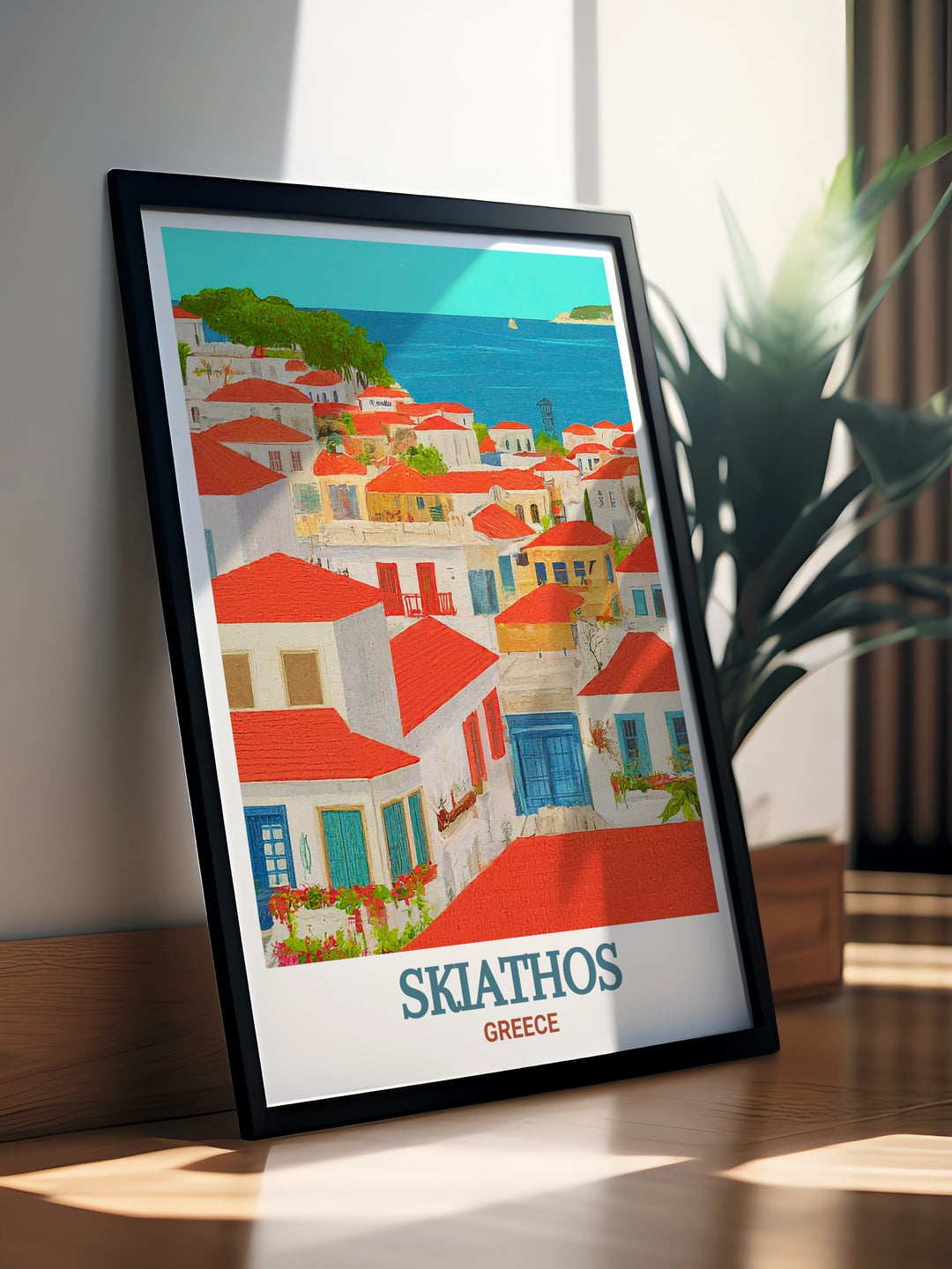 Poster of Skiathos Town, Greece. Showcasing the stunning views and vibrant atmosphere of the town, this print is perfect for remembering a special trip or dreaming of future travels. A great addition to any room.