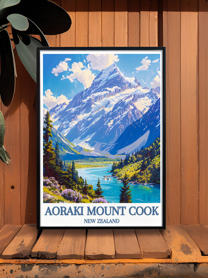 Mount Cook poster highlighting the towering presence of New Zealands highest peak, ideal for anyone who loves detailed landscapes and natural wonders.