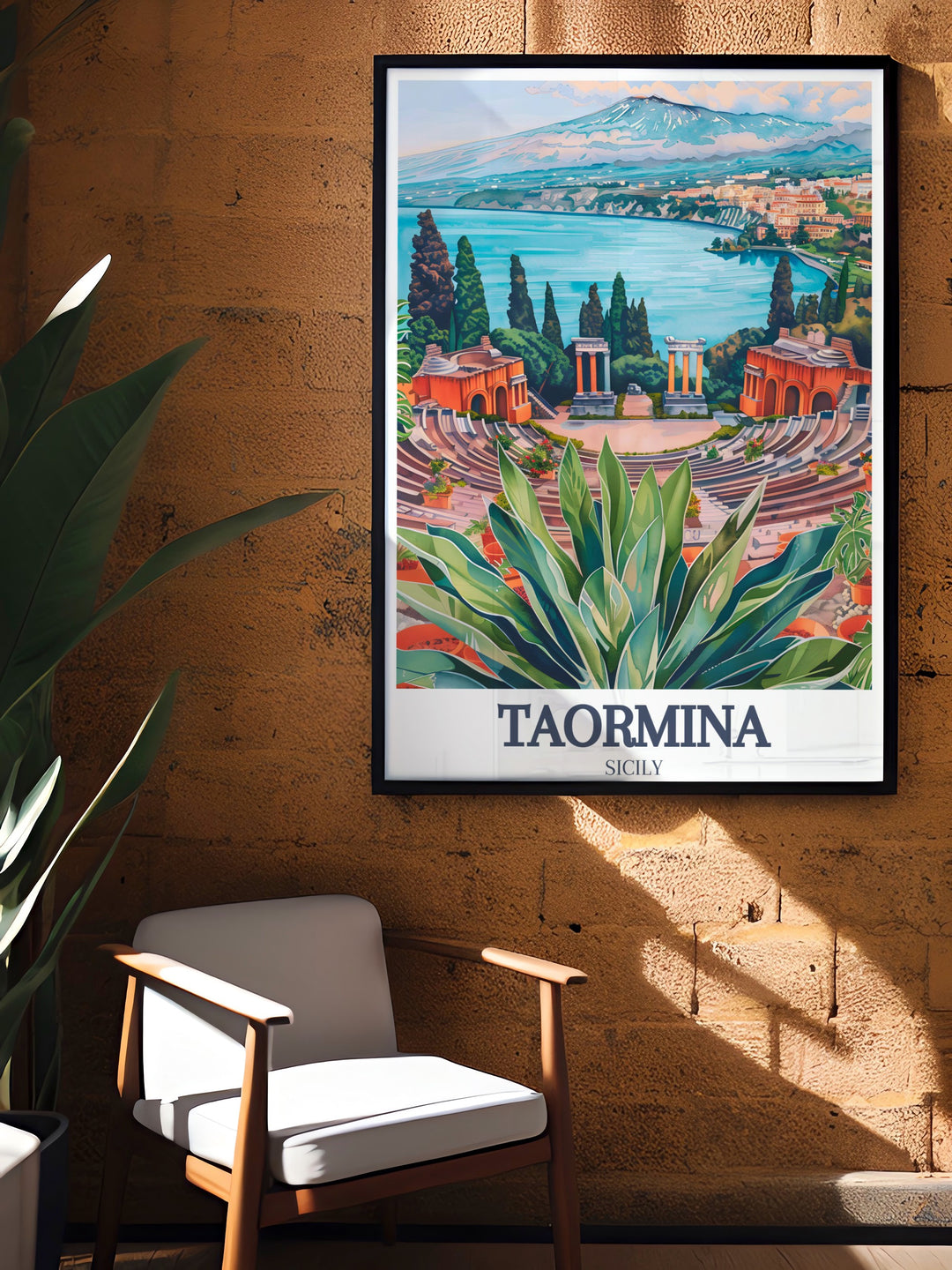 Italy wall art with a striking Taormina poster showing the Ancient Theatre of Taormina and Isola Bella. This artwork brings the essence of Italys coastal beauty into your home, making it an excellent choice for modern decor and as a unique travel gift.