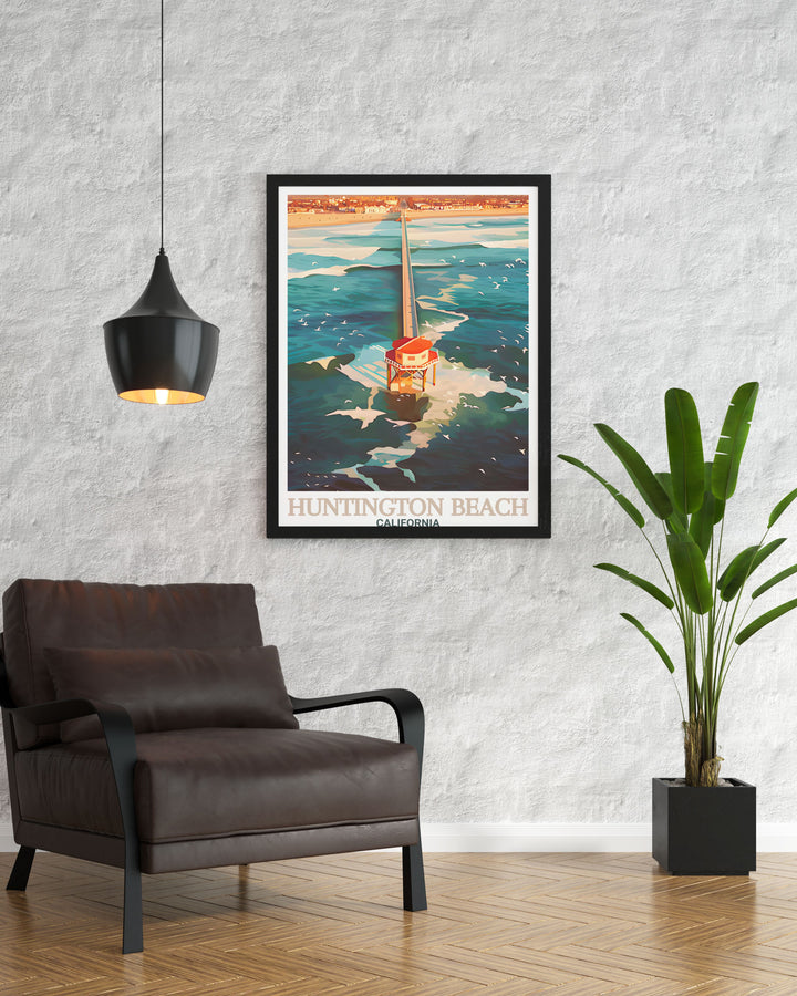 Celebrate Californias beach culture with this vintage style poster of Huntington Beach Pier. Its a great décor piece for homes that embrace coastal aesthetics, or as a special gift for those who love Californias golden beaches.