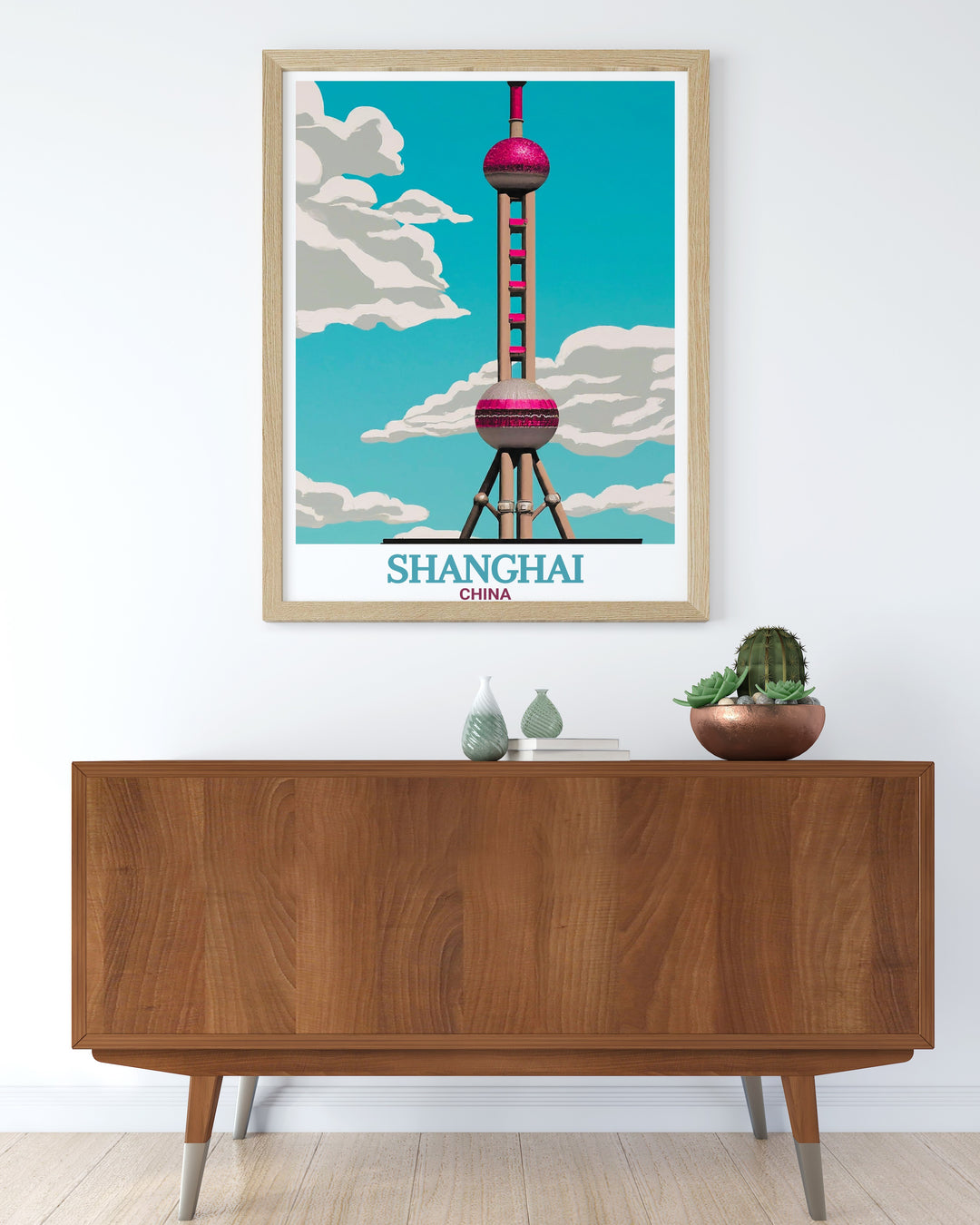 A striking wall poster featuring the Oriental Pearl Tower, set against the dazzling skyline of Shanghai. This art print celebrates the energy of Chinas most modern city, making it a great addition to any travel themed collection.