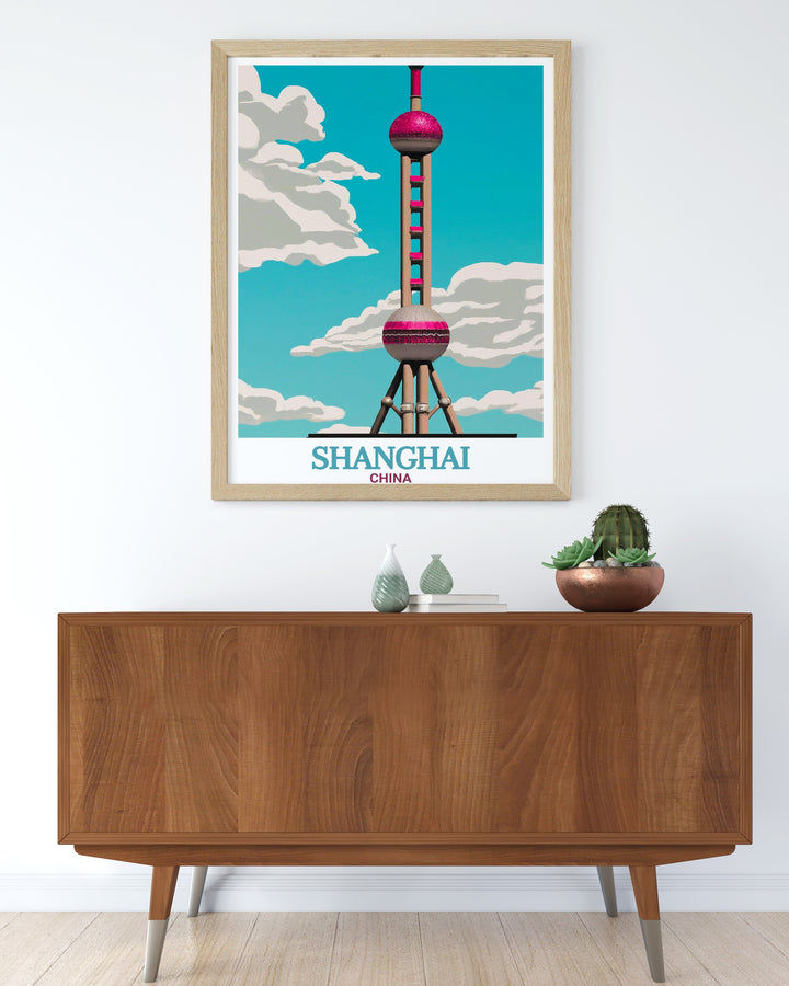 A striking wall poster featuring the Oriental Pearl Tower, set against the dazzling skyline of Shanghai. This art print celebrates the energy of Chinas most modern city, making it a great addition to any travel themed collection.