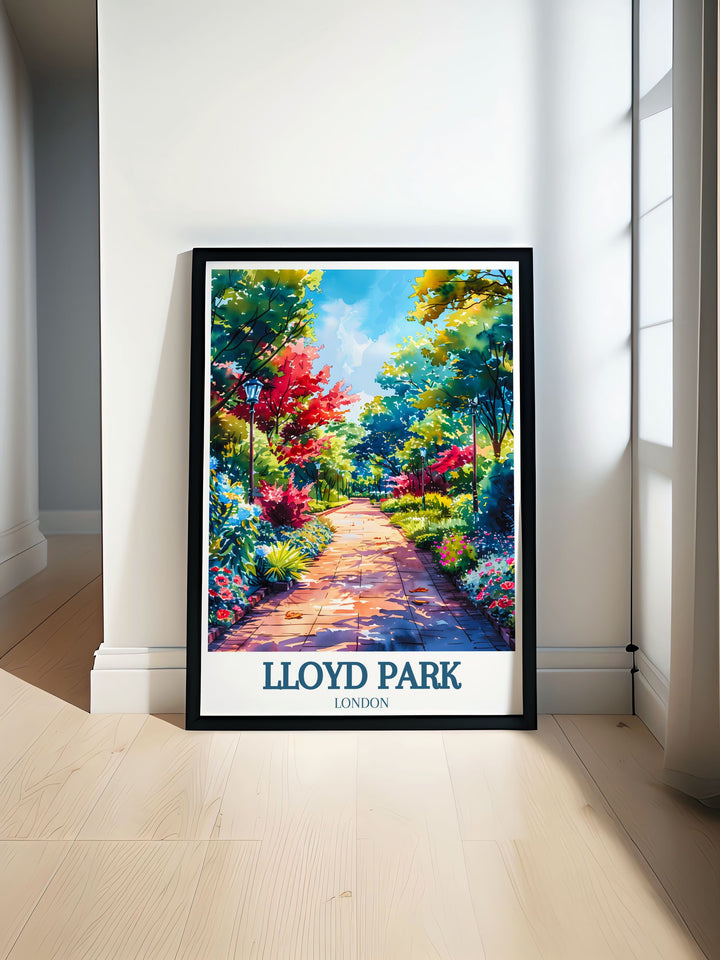 William Morris Art vintage travel print featuring Lloyd Park in East London. Detailed illustration of the rose garden surrounded by lush greenery. Perfect for London travel enthusiasts and art collectors. Adds elegance to any home decor with a touch of history