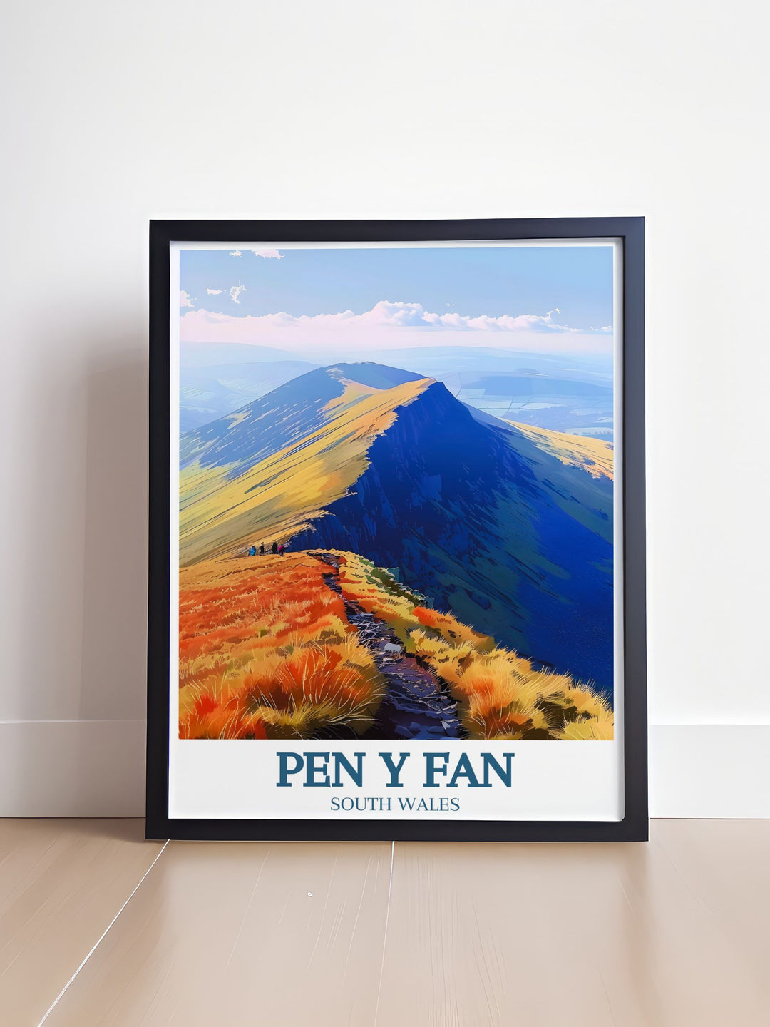Beautiful Brecon Beacons Travel Poster featuring the iconic Pen Y Fan Mountain. This South Wales art print is ideal for those who appreciate natural landscapes and want to enhance their home with a piece of the Welsh countryside.