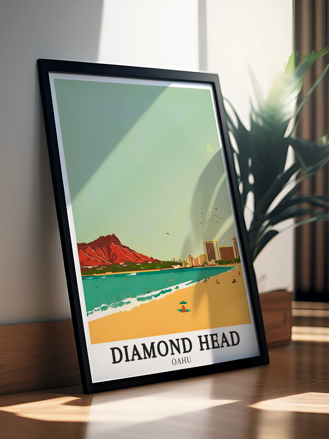 This vintage travel poster highlights the beauty of Waikiki Beach and the vibrant city of Honolulu, combining the allure of Hawaiis natural landscape with urban charm.