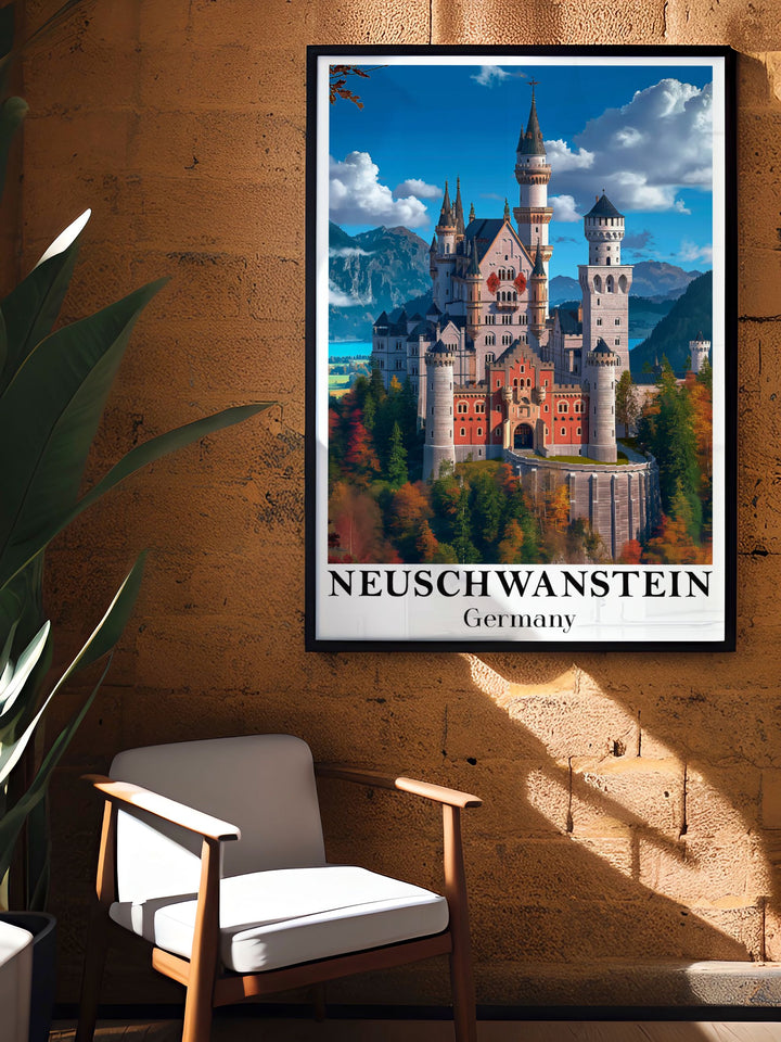 Vintage Neuschwanstein Castle print offering a nostalgic look perfect for those who appreciate historical beauty. This art piece blends past charm with modern decor elements.