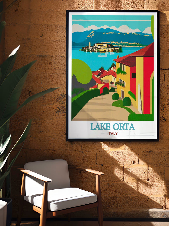 Highlighting the stunning views of Lake Orta and the historic village of Orta San Giulio, this wall print offers a perfect representation of Italys peaceful landscapes. The detailed artwork makes it a standout piece for any Italian travel enthusiast.