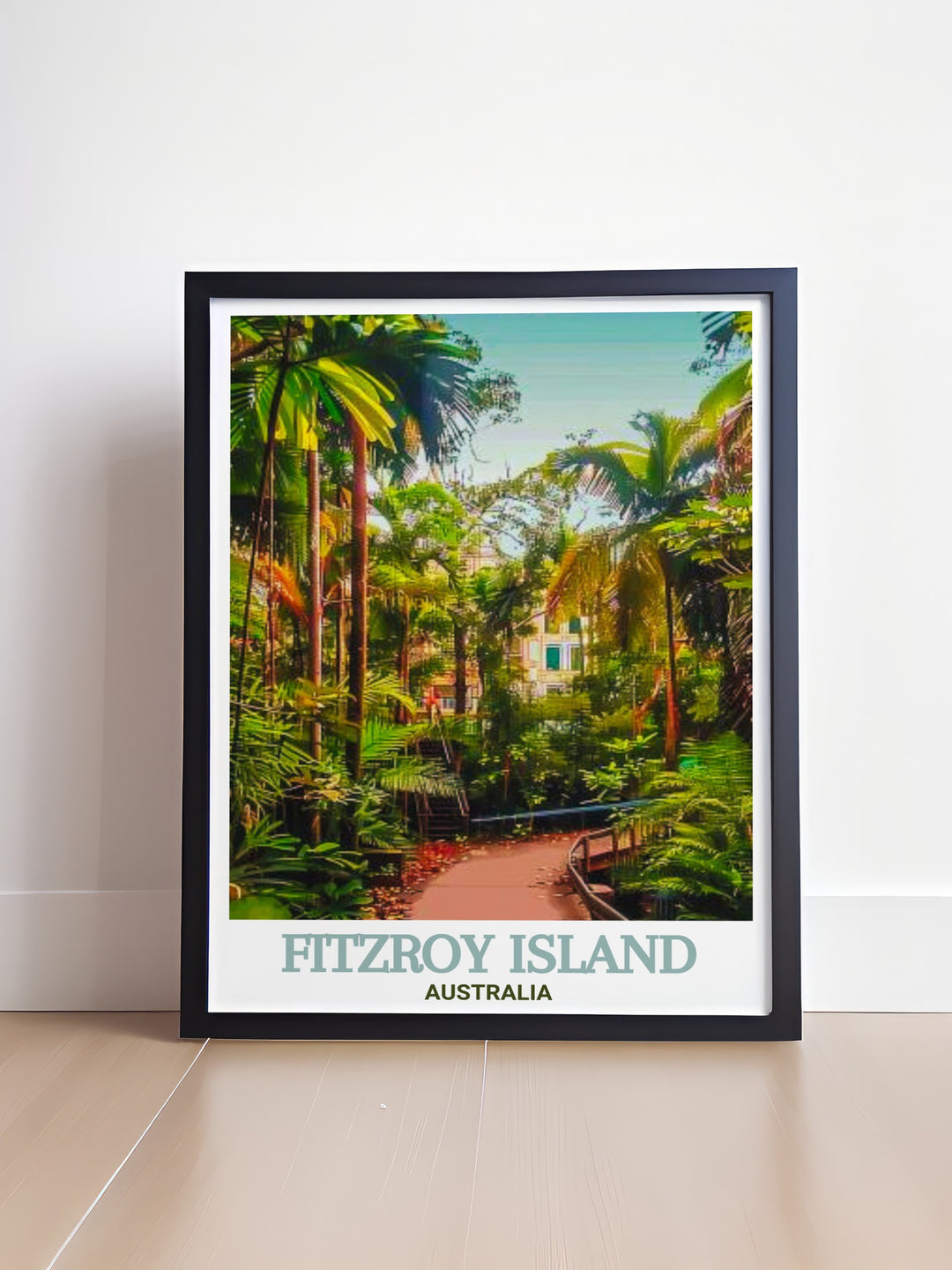 Fitzroy Island wall art highlights the islands natural beauty, featuring the Secret Garden Walking Trail winding through the dense rainforest. This Australia travel poster brings the serene charm of Fitzroy Island into your home, perfect for lovers of tropical destinations.