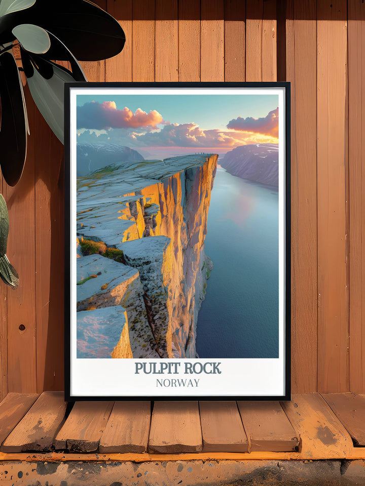 Retro travel poster showcasing Pulpit Rock Norway with elegant framed prints capturing the grandeur of the Pulpit Rock hike perfect for home decoration and gifts