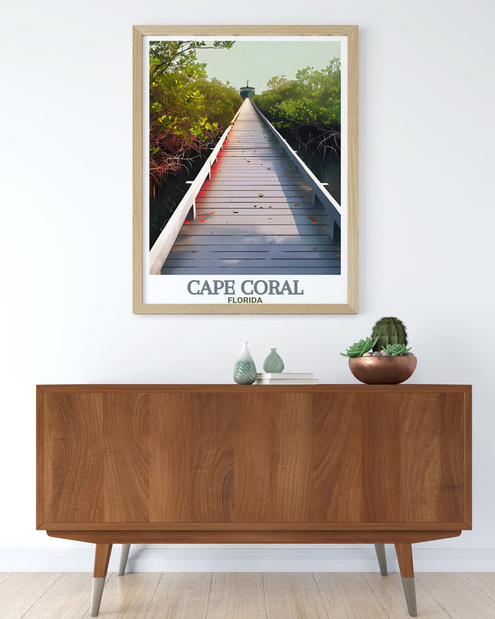 Cape Coral Bridge at Sunset Print with Glover Bight Trail stunning Florida travel artwork ideal for home decor bringing the serene beauty of Cape Coral into your living space a perfect gift for all occasions.