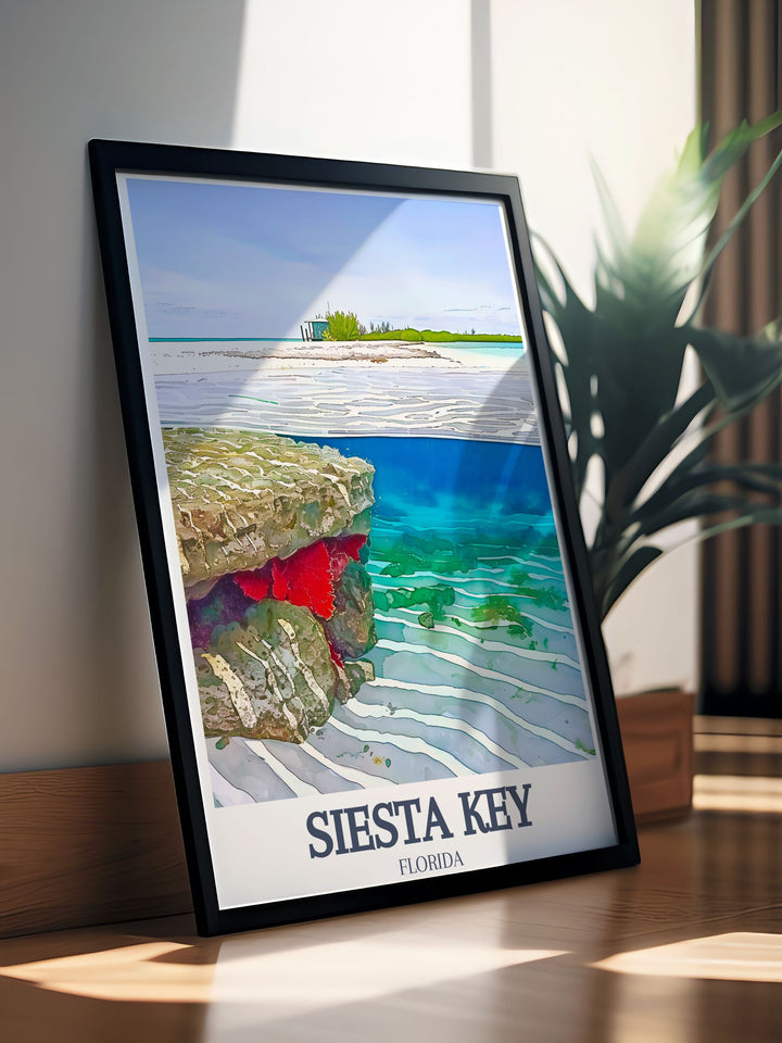 Gorgeous Siesta Key wall art featuring Point of Rocks Siesta Beach with vivid colors that evoke the relaxing atmosphere of Floridas beautiful coastline.