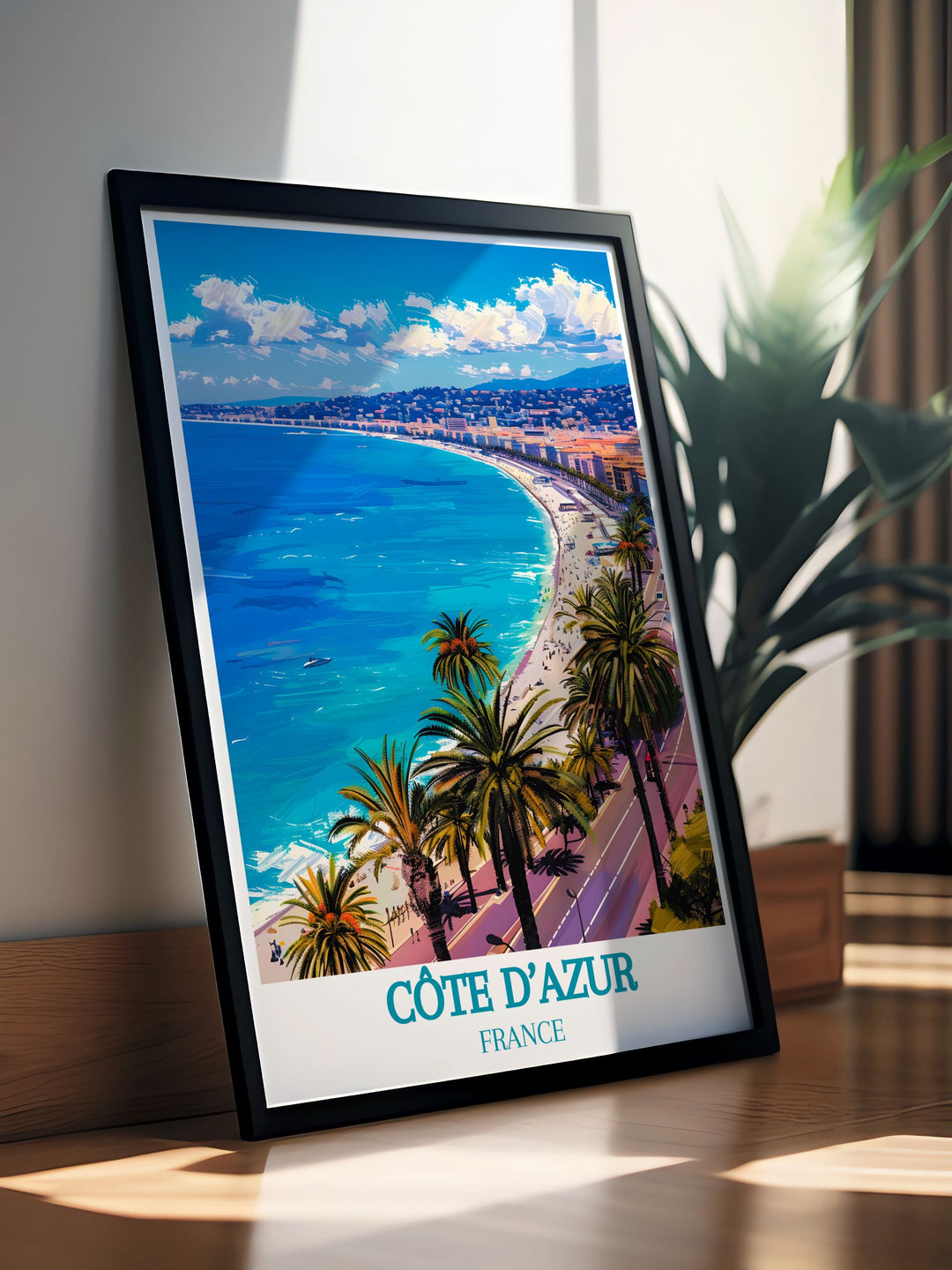 Vintage poster of the Côte dAzur, featuring the iconic Promenade des Anglais, Nice, France. This piece captures the timeless beauty of the Riviera with its charming boulevard, azure waters, and elegant architecture, evoking the charm of the Mediterranean coast.