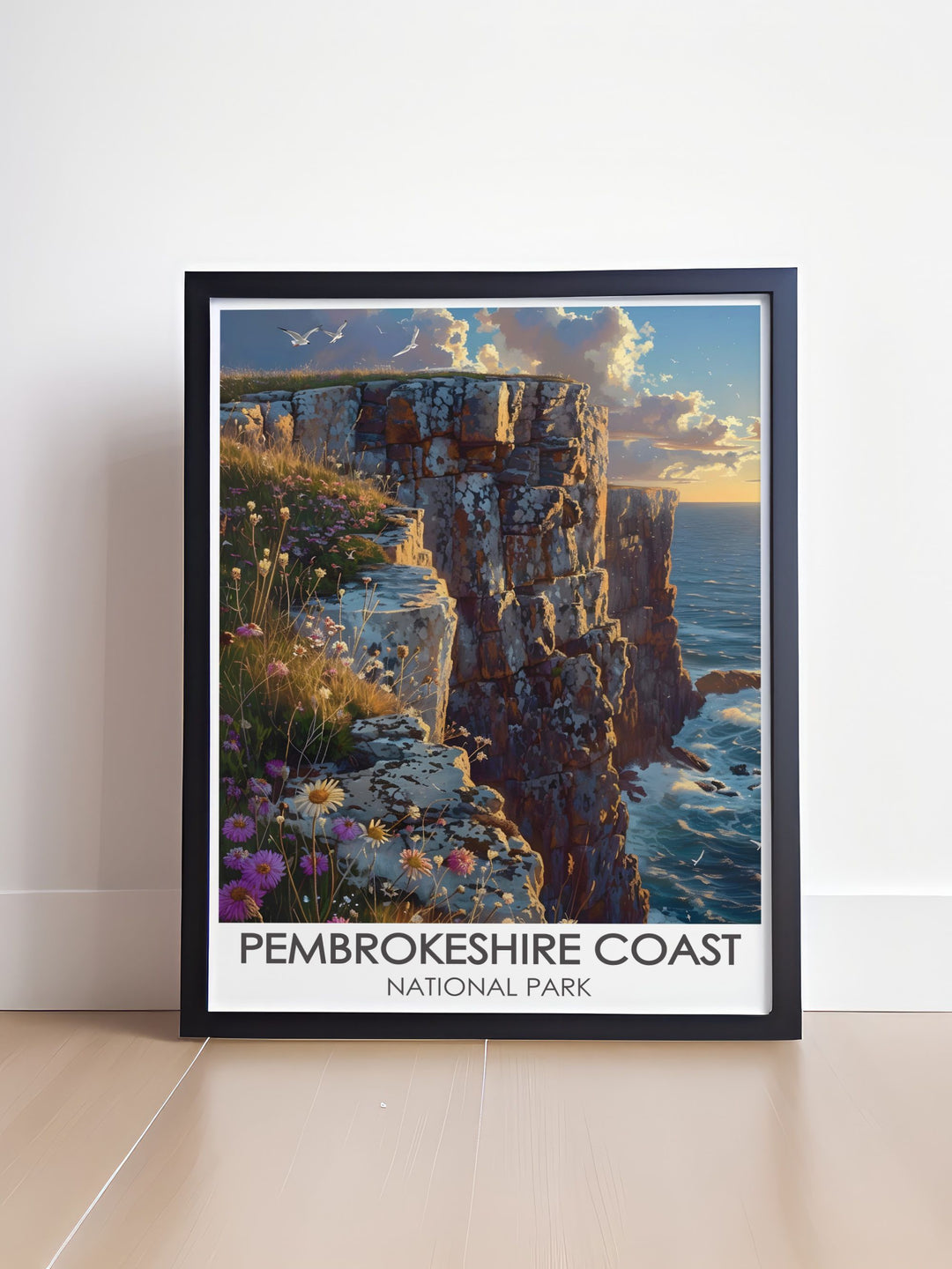 Retro travel poster of St. Davids Head with an artistic depiction of the majestic Welsh coastline blending modern artistry with classic design ideal for adding a touch of nostalgia and elegance to your home decor.