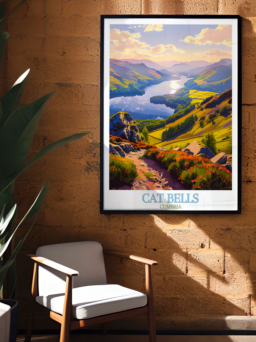 Explore the beauty of Cat Bells Summit with our nature inspired Cumbria illustration perfect for enhancing your home decor this travel poster is a wonderful gift for hikers and those who appreciate the stunning landscapes of the Lake District.