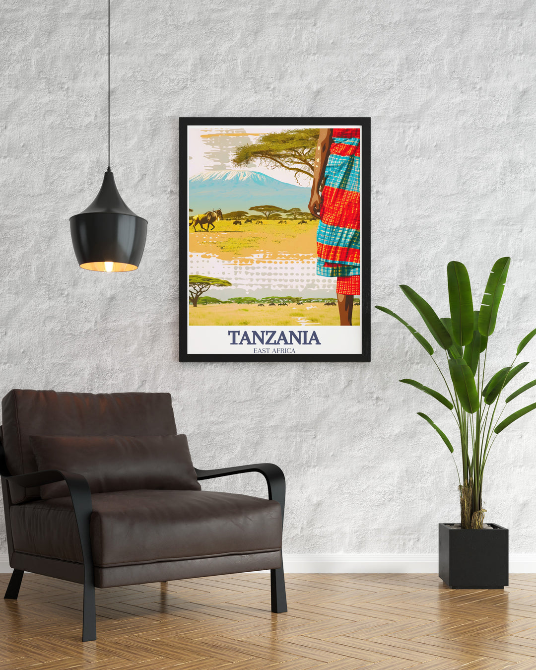 This travel print of Tanzania features Mount Kilimanjaro and the Serengeti, two of the countrys most famous landmarks. The artwork beautifully captures the rugged landscapes and wildlife of Tanzania, making it ideal for anyone passionate about African travel.