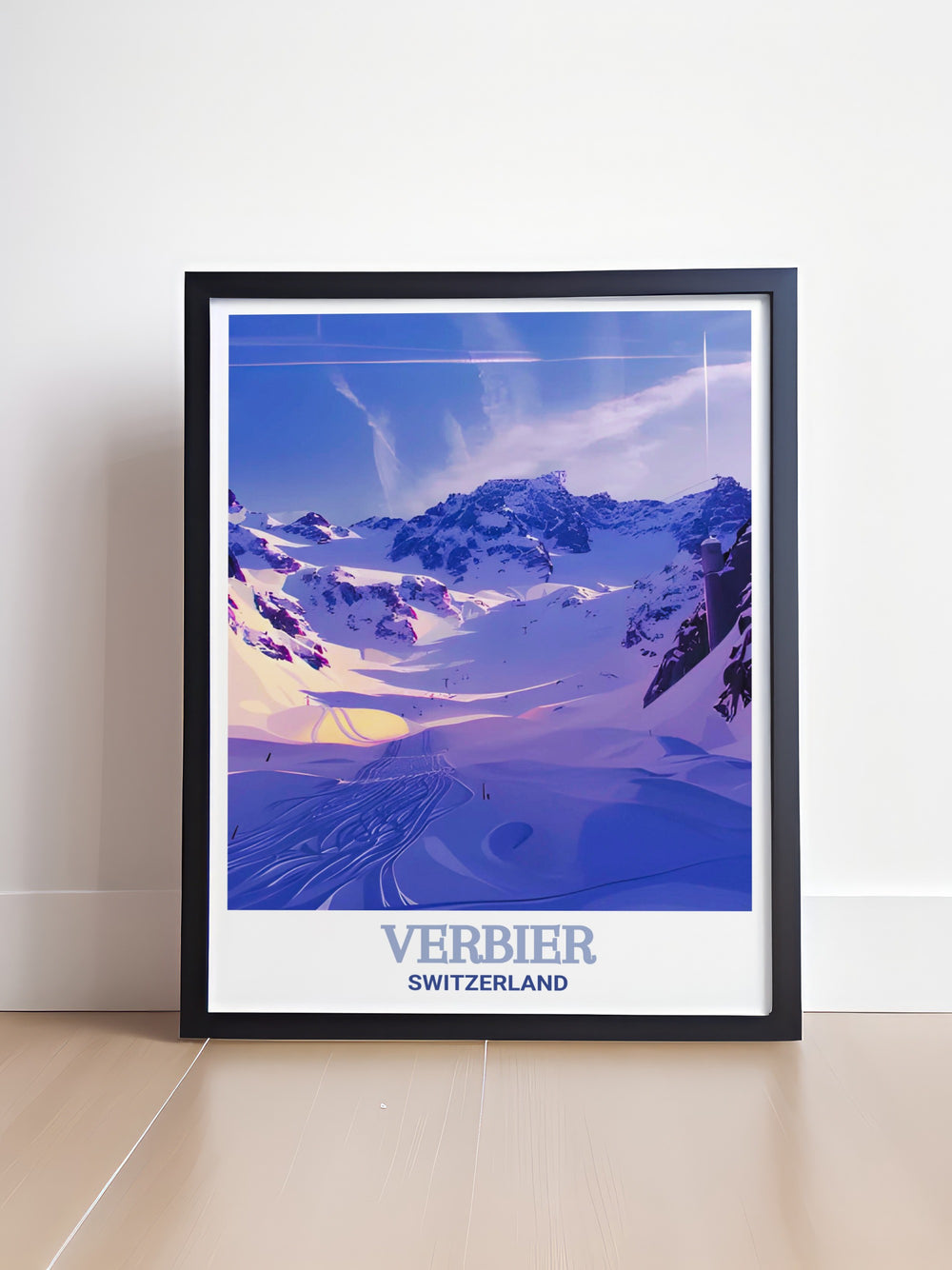 A detailed travel print of Verbiers Mont Fort in the Swiss Alps, capturing the vibrant colors and serene beauty of Switzerlands alpine scenery. This vintage style poster is ideal for ski lovers or anyone who cherishes the mountains.