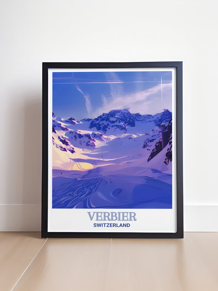 A detailed travel print of Verbiers Mont Fort in the Swiss Alps, capturing the vibrant colors and serene beauty of Switzerlands alpine scenery. This vintage style poster is ideal for ski lovers or anyone who cherishes the mountains.