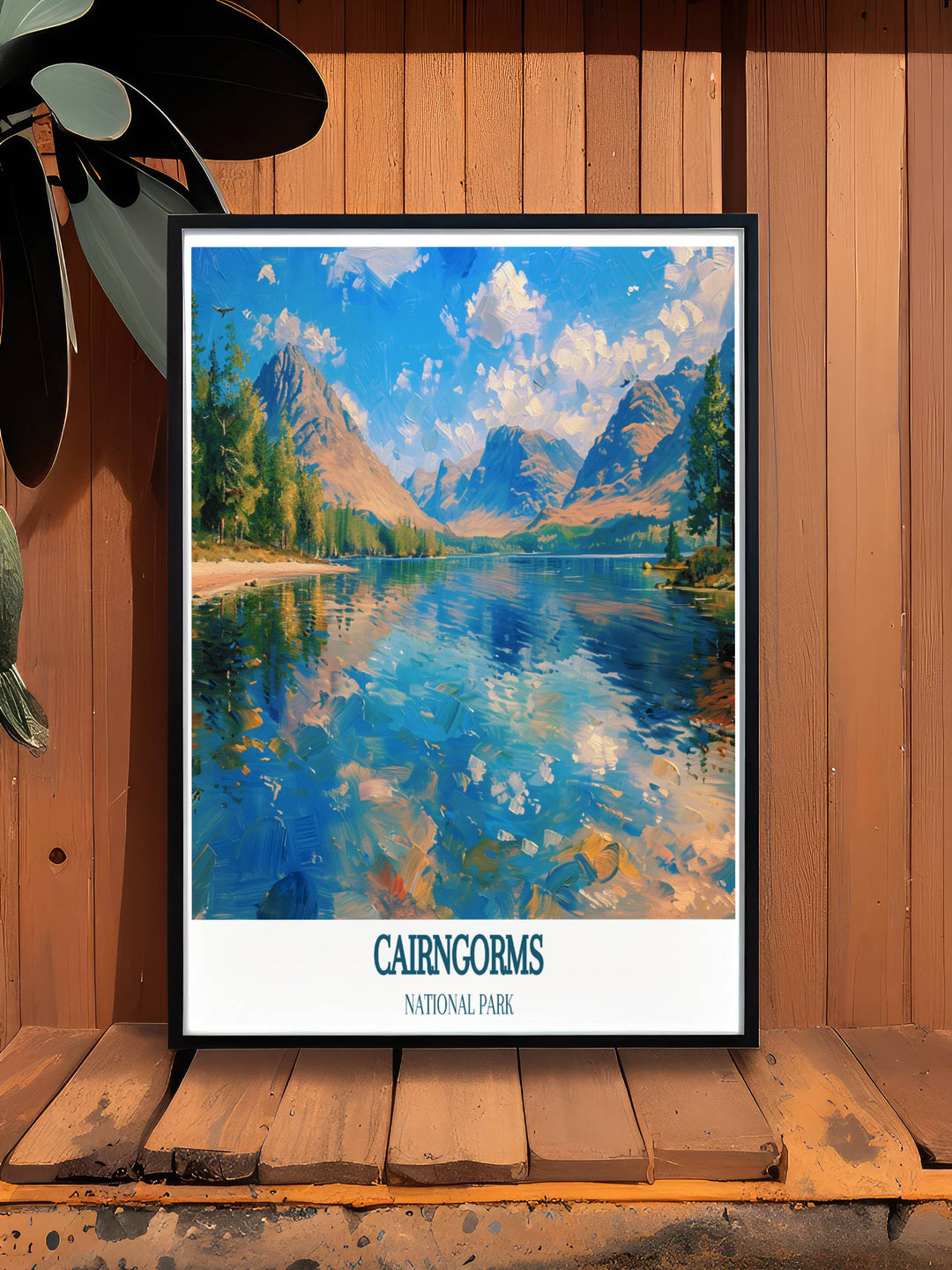 National Park Poster capturing the picturesque Cairngorms and Loch Morlich. This retro travel poster adds a touch of Scottish charm to any home decor, perfect for nature enthusiasts and art lovers.