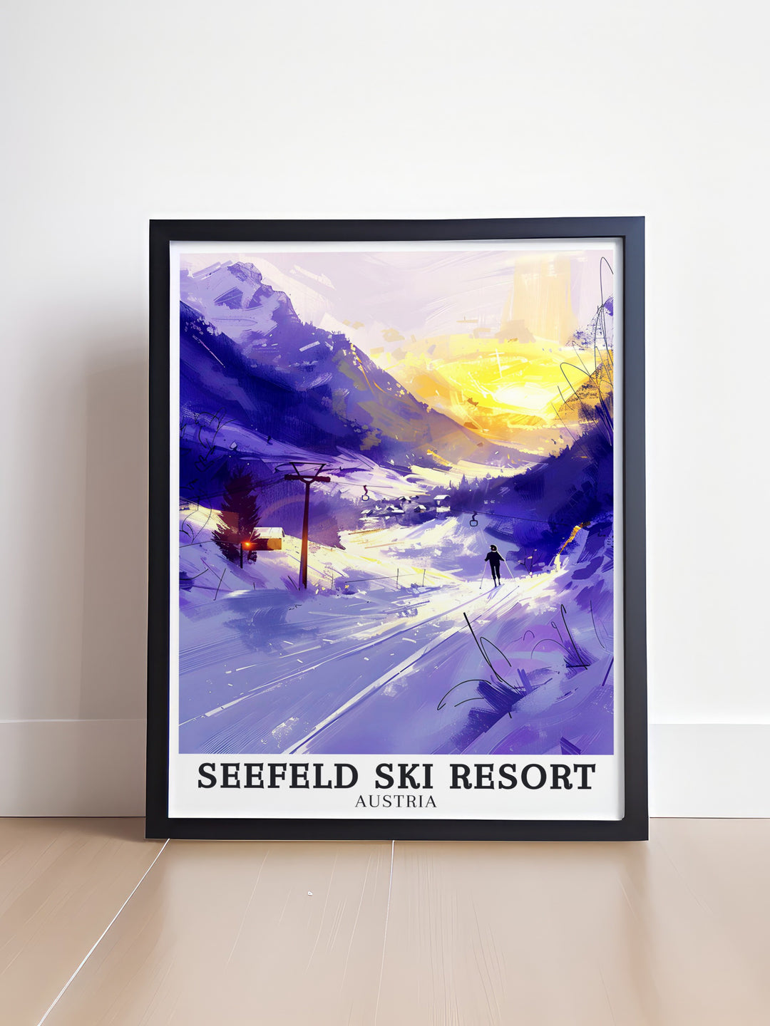 Seefeld Ski Resort Poster Print featuring Karwendel mountains and Bergbahnen Rosshutte perfect for fans of Tyrol Austria skiing and snowboarding looking to add a stylish touch to their home decor.