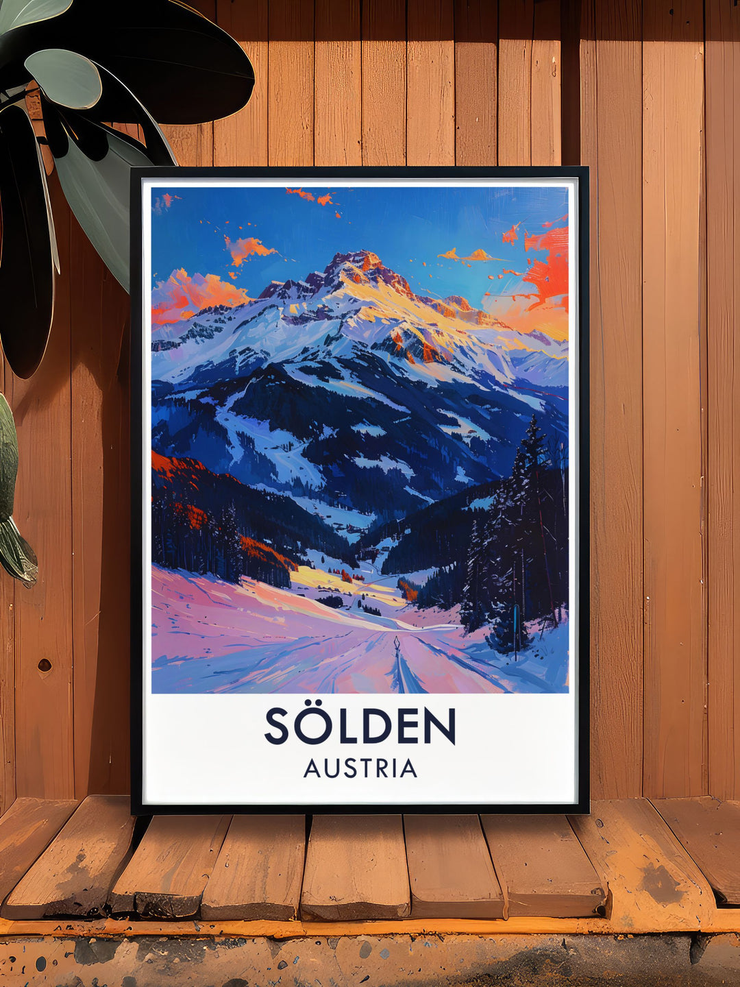 This travel poster showcases the majestic Gaislachkogl Peak in Solden, offering a stunning perspective of the snow covered Alps and serene natural beauty, ideal for those who appreciate high altitude adventures.