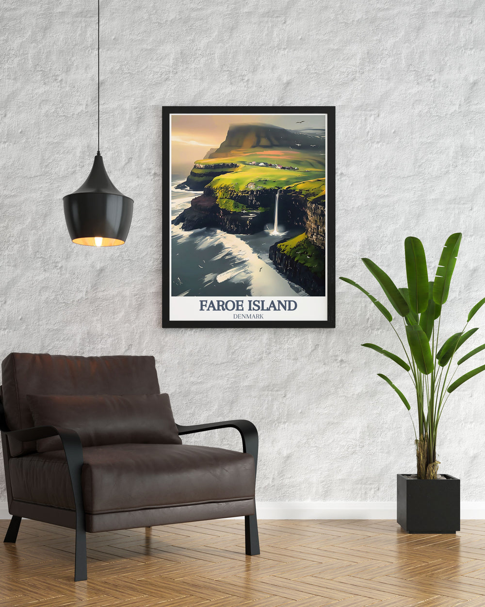 Mulafossur waterfall and Gasadalur Village create a stunning focal point in this Faroe Island decor. Perfect as a wall hanging or modern decor, this artwork brings the rugged beauty of the Faroe Islands into any living space, making it ideal for nature lovers.