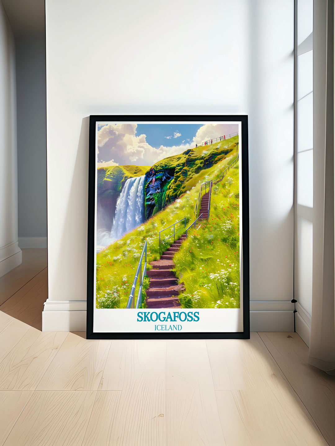 Celebrate the stunning landscapes of Iceland with this detailed art print of Skogafoss, showcasing the waterfalls impressive height and the surrounding greenery.