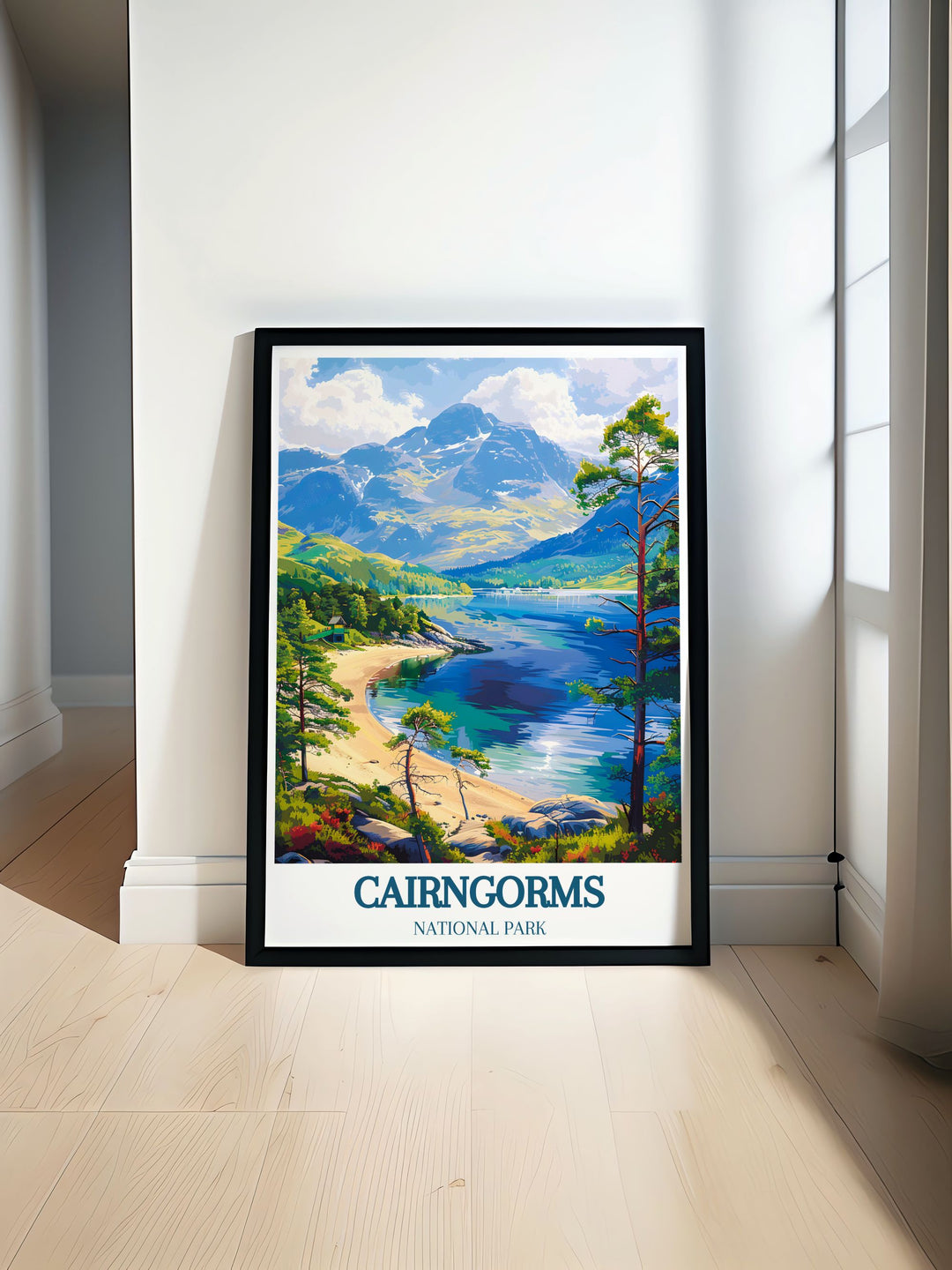 This travel poster captures the scenic beauty of Cairngorms National Park and the majestic Cairngorm Mountain, perfect for adding a touch of Scotlands natural splendor to your home decor.