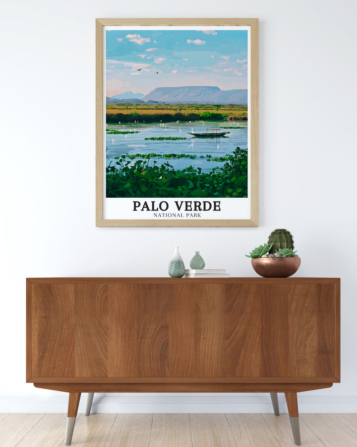 Palo Verde art print capturing the beauty of Costa Ricas Tempisque River Flood Plains and Verde Boat Safari this modern wall art brings a serene and exotic feel to any room perfect for those who love travel and the great outdoors.