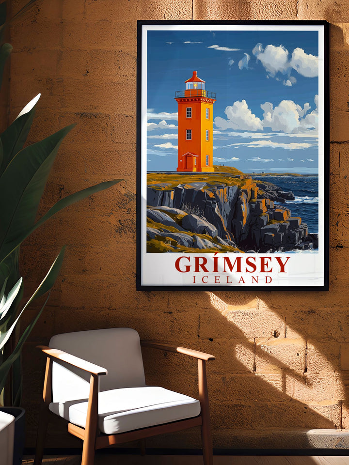 Capturing the playful nature of Icelandic puffins, this travel poster features detailed illustrations of these charming birds nesting on Grimsey Island, adding a touch of wildlife to your decor.