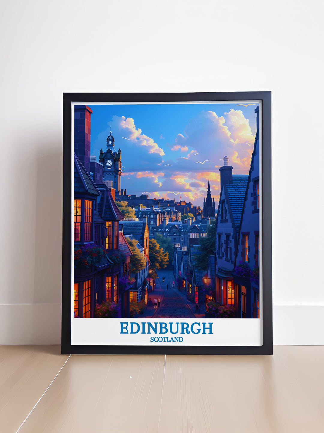 Edinburgh print featuring the cobbled streets of the Royal Mile with its iconic architecture, capturing the essence of Scotlands capital.