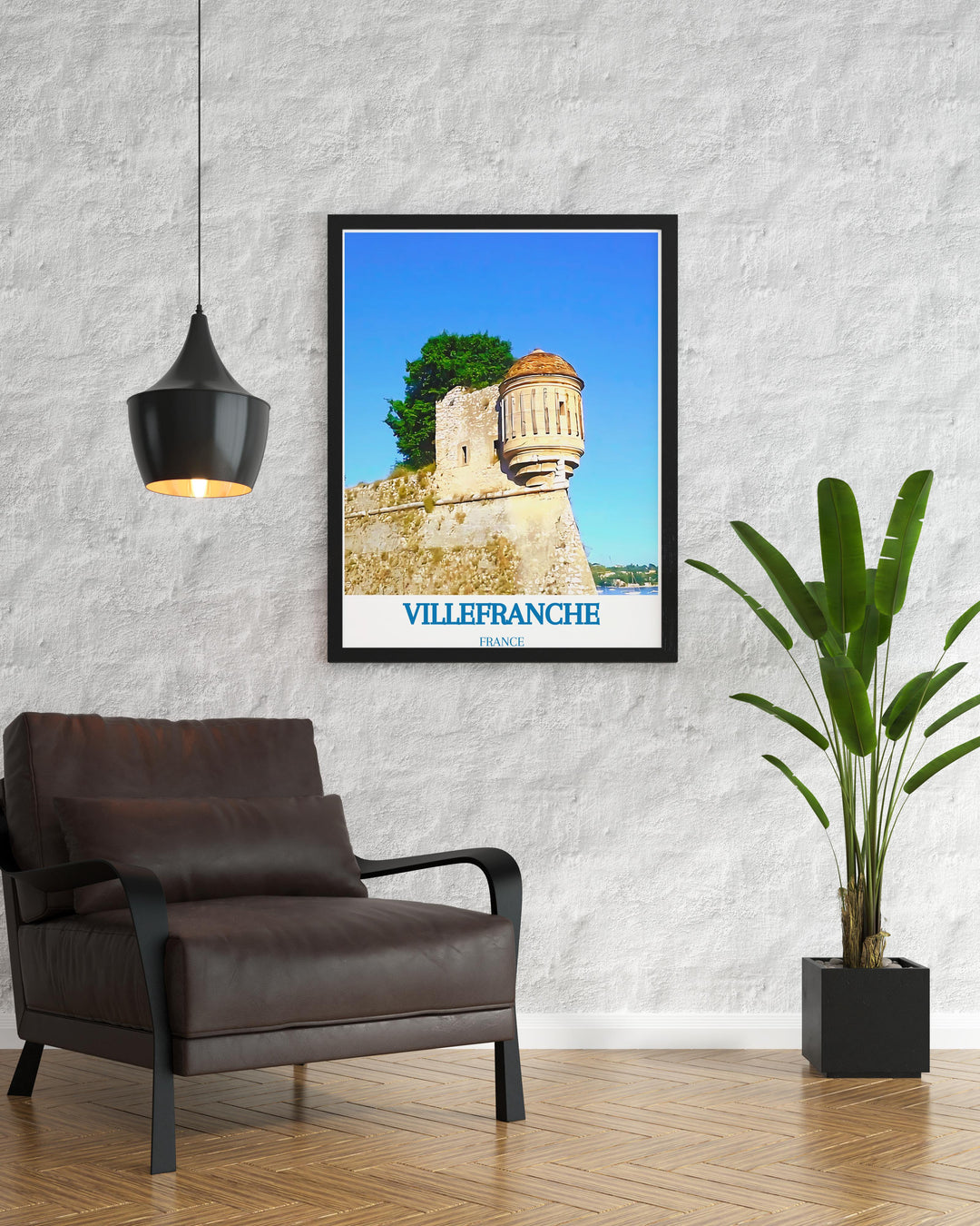 Villefranche travel print highlighting the majestic Citadelle Saint Elme This artwork is a perfect addition to any space bringing the serene beauty of Villefranche sur Mer into your home Ideal for modern art lovers looking to add a touch of the French Riviera to their decor