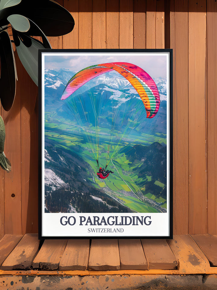 This Paragliding Travel Print showcases the stunning Swiss Alps and Jungfrau in vibrant detail. The artwork captures the excitement of paragliding over one of the worlds most iconic mountain ranges.