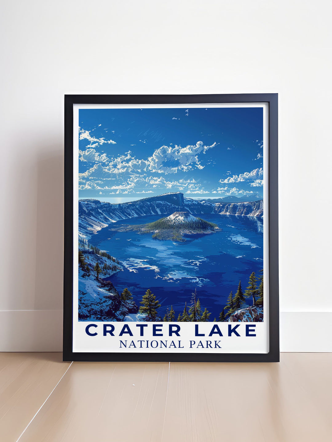 Captivating Crater Lake wall art highlighting the serene landscapes and majestic caldera. These National Park Posters are perfect for adding a touch of nature to your home decor and celebrating the beauty of Crater Lake.