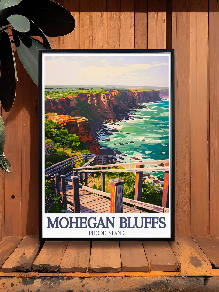 This stunning Mohegan Bluffs travel poster captures the dramatic clay cliffs and Mohegan Bluffs Pavilion on Block Island, Rhode Island. Perfect for coastal lovers, this vintage style art print offers a serene yet bold depiction of Rhode Islands iconic shoreline.