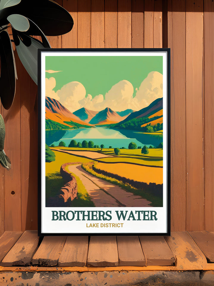 Brothers Water travel poster offers a dynamic view of the lake and its surrounding valley, making it a perfect addition to any room. Whether for yourself or as a gift, this vintage travel print captures the peaceful spirit of the Lake District.