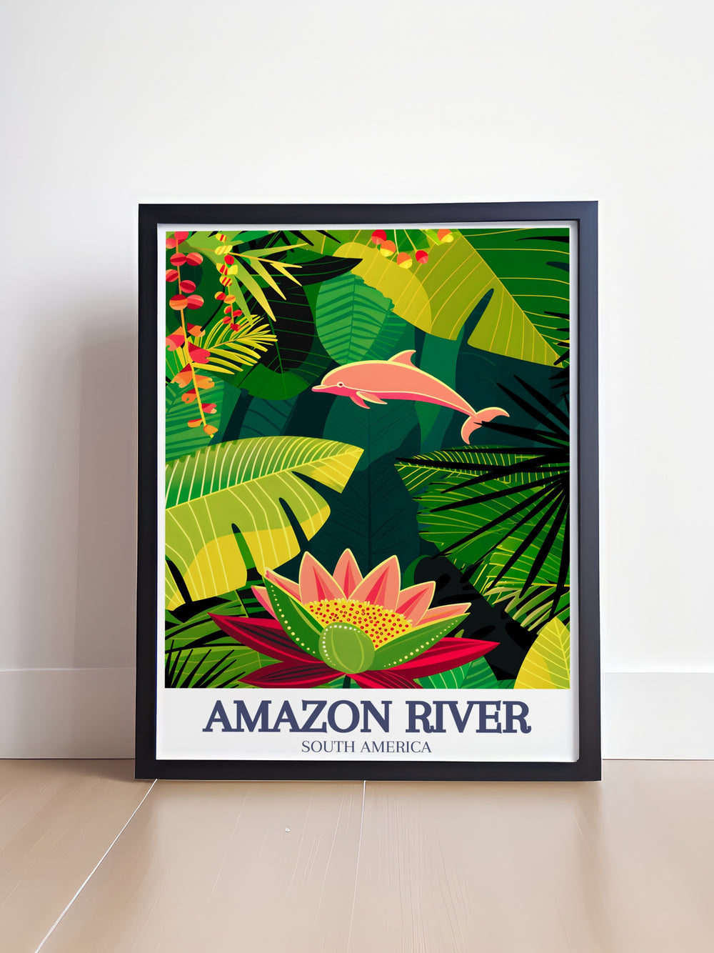 Beautiful Victoria Regia water lily, Amazon river dolphin print capturing the unique charm of the Amazon. This vintage poster is an ideal addition to any travel poster collection, offering a detailed and vibrant portrayal of these iconic natural wonders.
