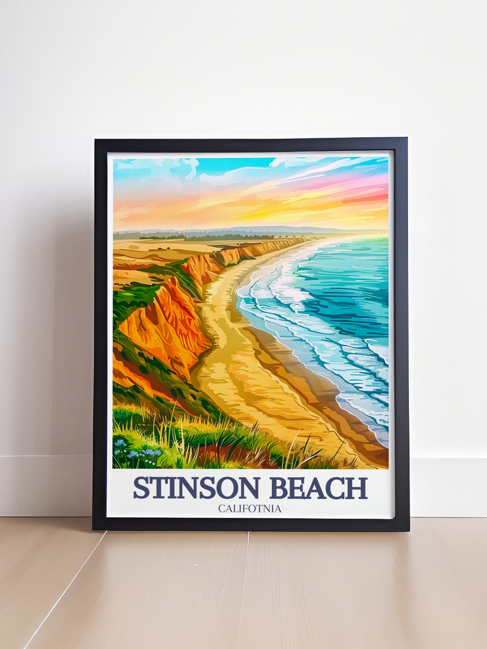 Our poster print of Stinson Beach offers a stunning view of Californias iconic coastline, capturing the vast beauty of the Pacific Ocean and the golden sands of Marin County. The artworks rich details make it a perfect choice for anyone looking to enhance their space with coastal decor.