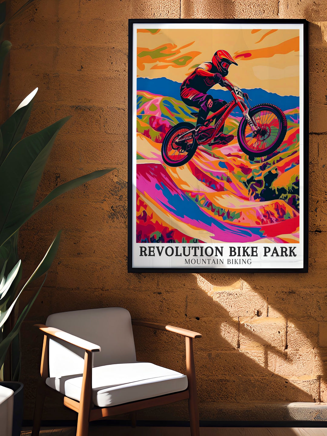 Revolution Bike Park art featuring The Phoenix Trail. Showcasing the dynamic energy and stunning scenery of this famous Welsh bike park. Perfect for those who love mountain biking and outdoor adventures.