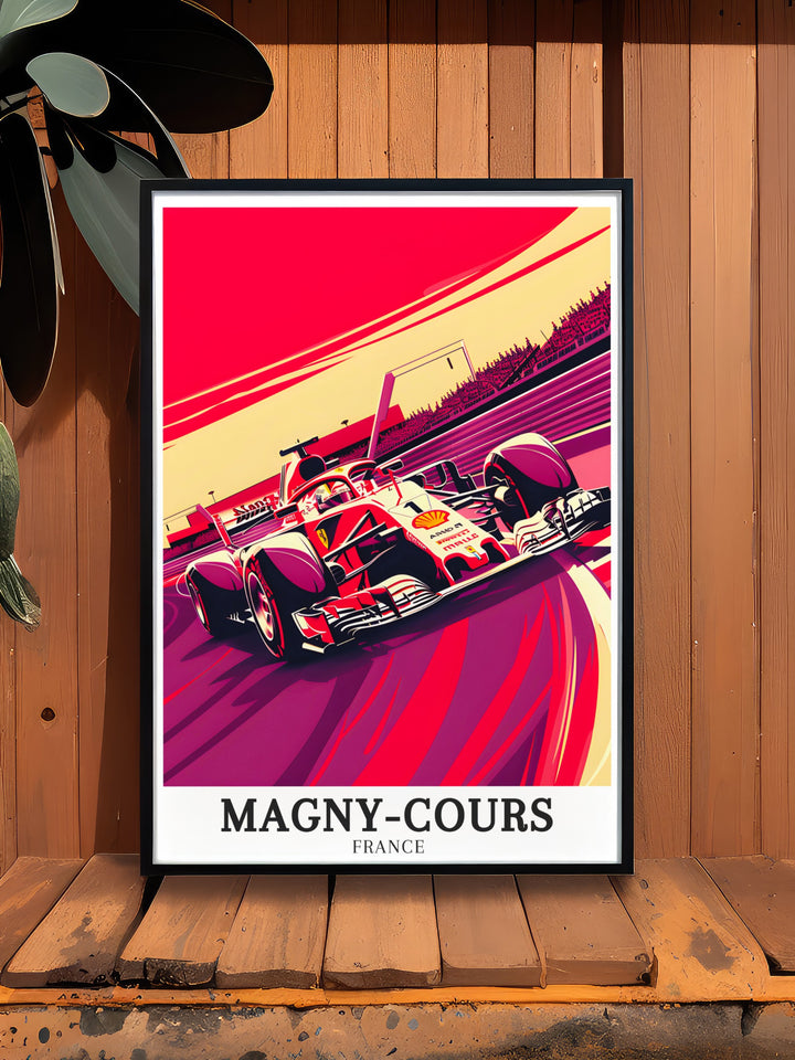 This travel print of Magny Cours captures the excitement of the Circuit de Nevers Magny Cours and the legendary Adelaide Hairpin. Ideal for motorsport fans, this piece brings the essence of French racing into your living space.