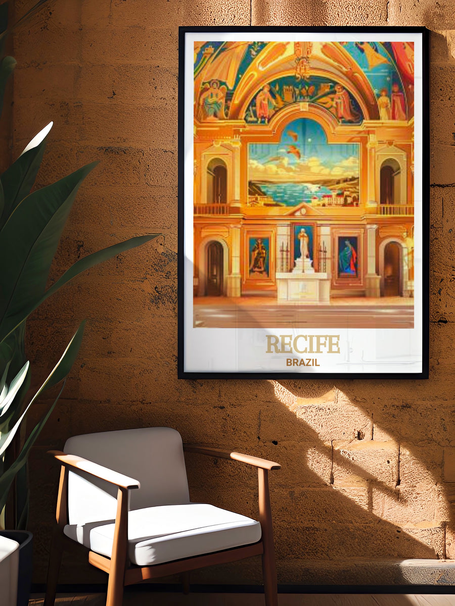Brazil travel poster featuring the iconic Capela Dourada in Recife. The poster offers a visually rich representation of one of Brazils most stunning chapels, with intricate details that make it a great addition to any art collection.