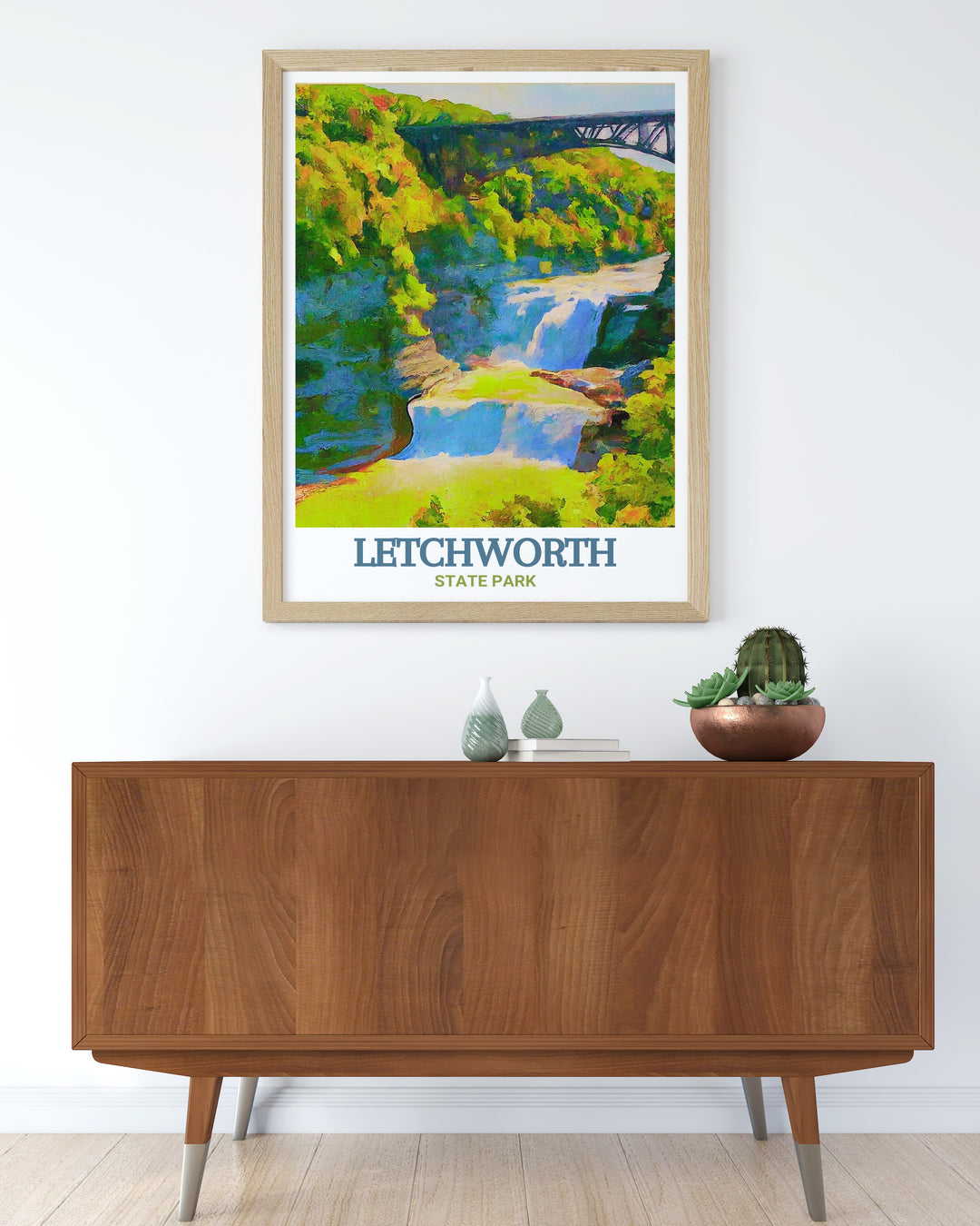 Scenic Upper Falls poster from Letchworth State Park, highlighting the stunning blend of cascading water and verdant landscape. This exquisite artwork brings the dramatic beauty of Upper Falls into your living space, ideal for those who appreciate natures splendor.