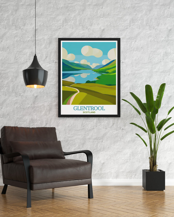 Featuring the breathtaking scenery of Loch Trool and the popular Glentrool mountain bike trails this poster highlights 7stanes bike park and the Giant Axe Head making it a perfect wall art piece for cyclists and adventurers alike.