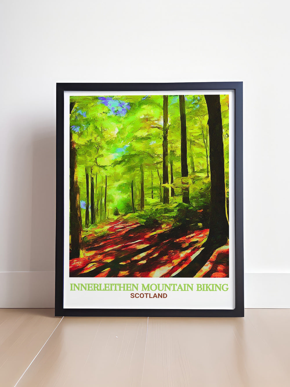 Tweed Valley mountain biking art showcases the iconic Innerleithen and Glen Tress Forest trails. A perfect gift for outdoor adventurers and cycling fans, this framed print offers a stunning view of Scotlands most famous biking locations.