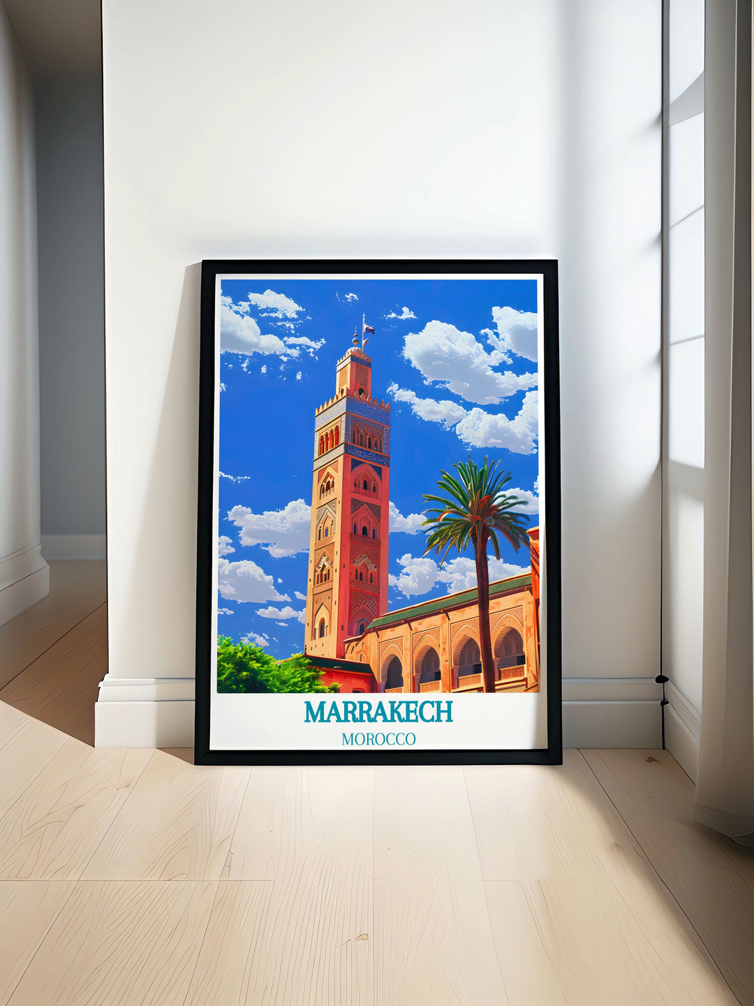 This travel poster beautifully depicts the historic allure of Marrakech and the natural beauty of Moroccos beaches, ideal for adding a touch of Moroccan culture to any room.