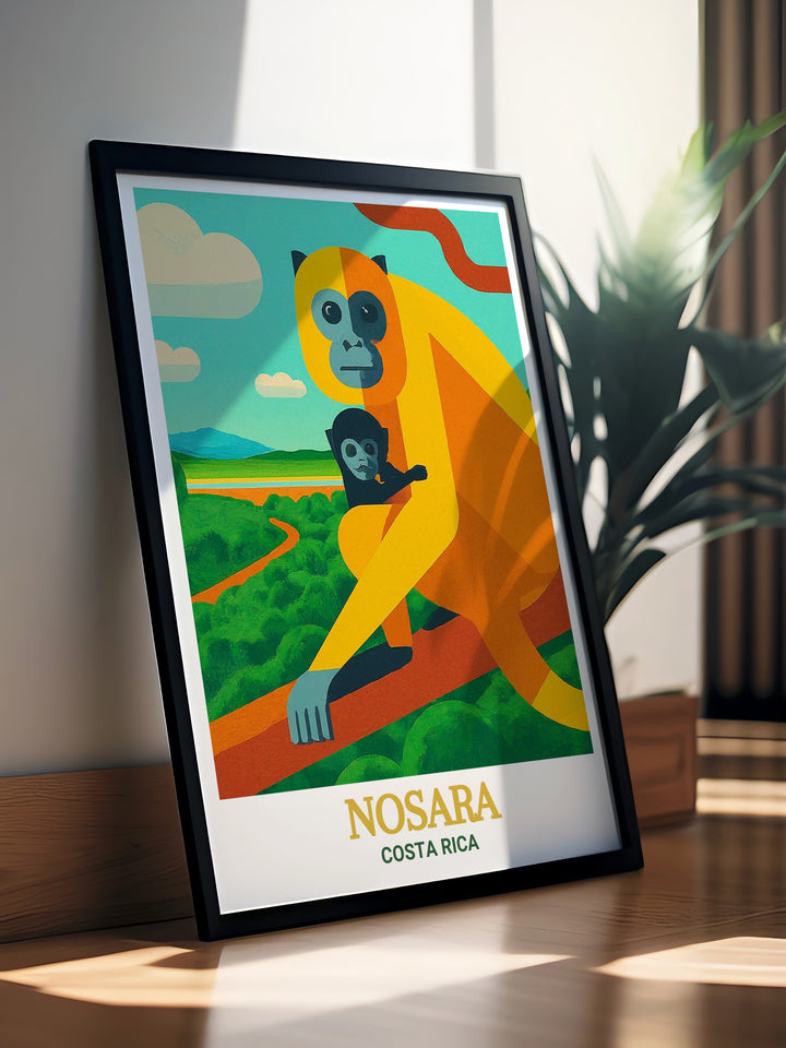 The Nosara Wildlife Refuge in Costa Rica is depicted in this vibrant print, showcasing the areas diverse flora and fauna. The artwork highlights the refuges role in protecting endangered species and preserving natural habitats, making it a meaningful addition for those who support conservation efforts.